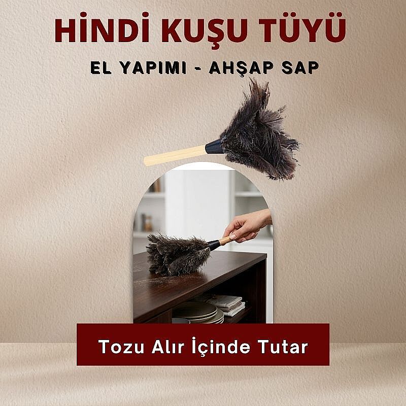 Hindi Kuşu Tüyü Toz Alma Püskülü - Doğal Gerçek Toz Tutucu Ahşap Saplı - 5